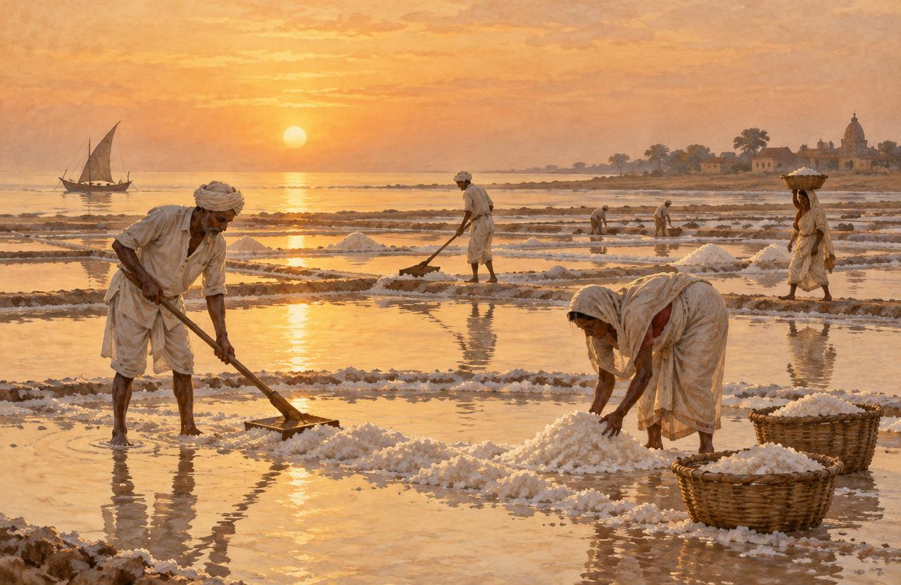 Painting of villagers gathering salt from salt pans on the Gujarat coast