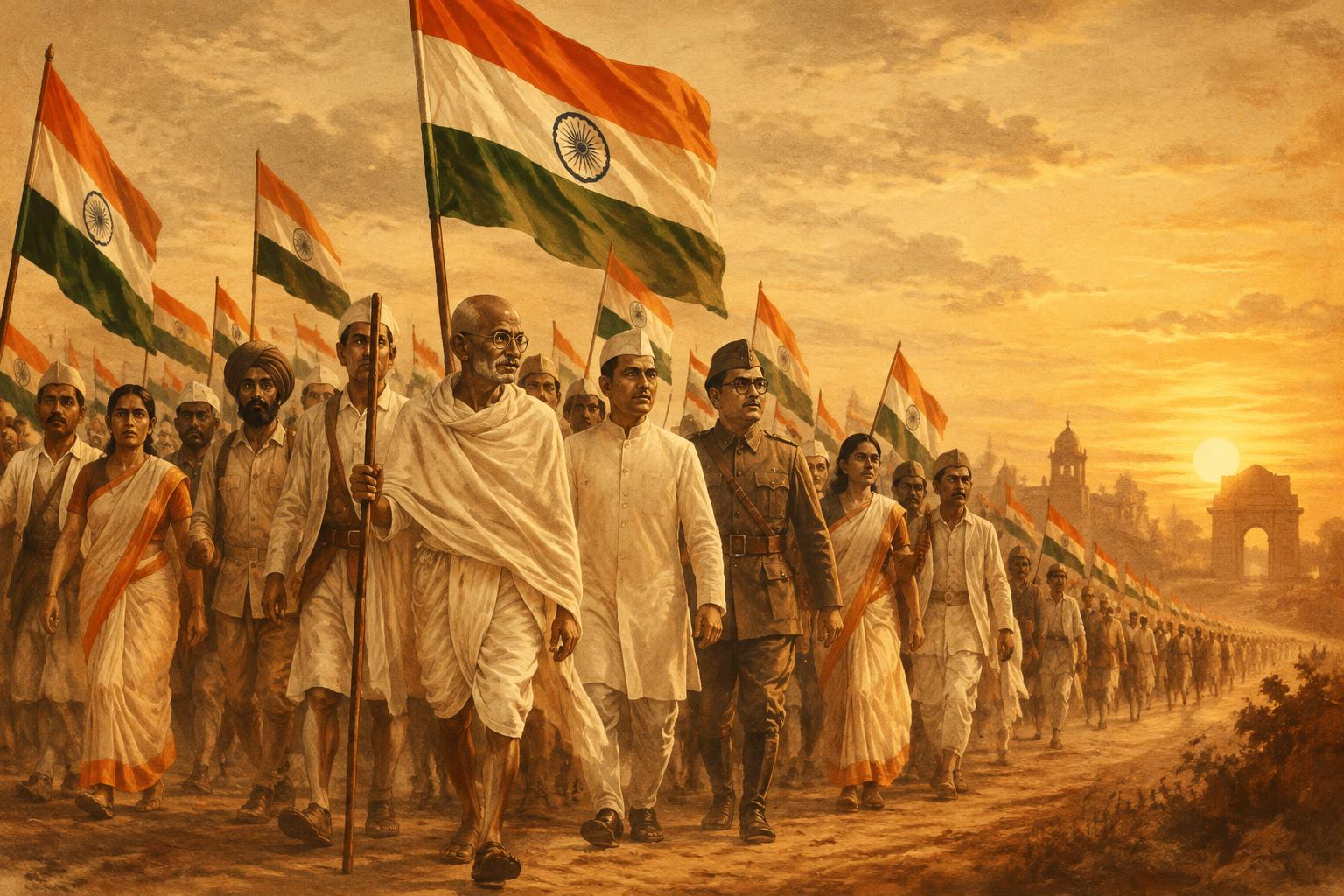 Painting of freedom fighters marching with tricolour flags at sunrise