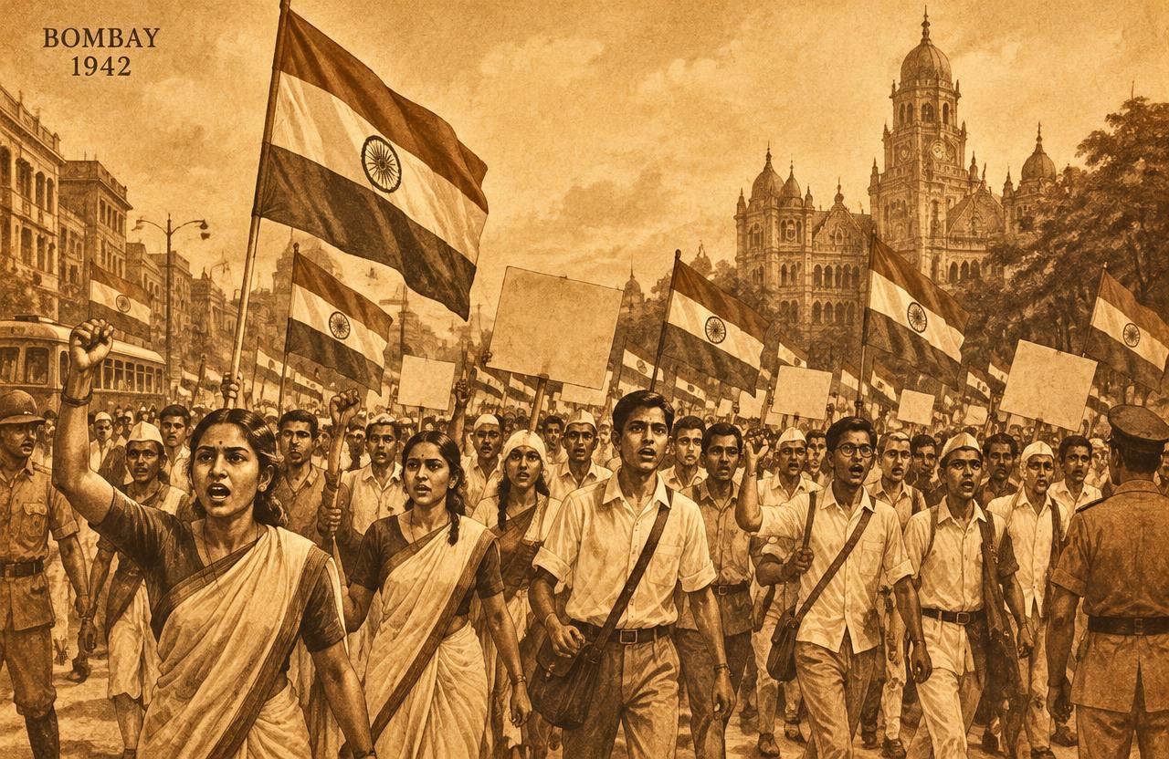 Illustration of a Quit India protest crowd with tricolour flags in Bombay, 1942